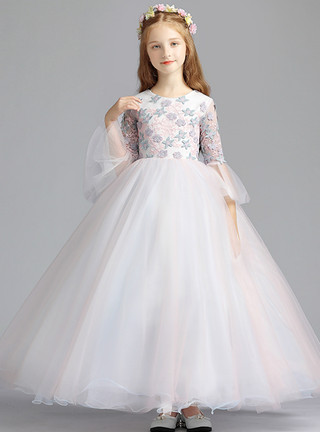 Lace Appliqued Floor-length Tulle Flower Girl Dress