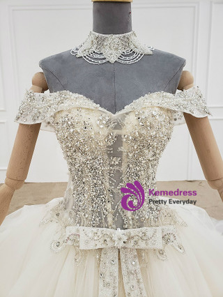 Ivory White Ball Gown Tulle Off the Shoulder Beading Wedding Dress