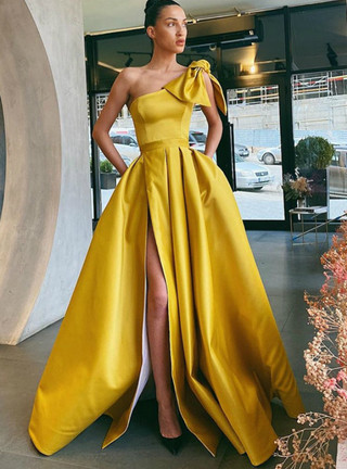 A-Line Yellow Satin One Shoulder Prom Dress With Pocket 2020