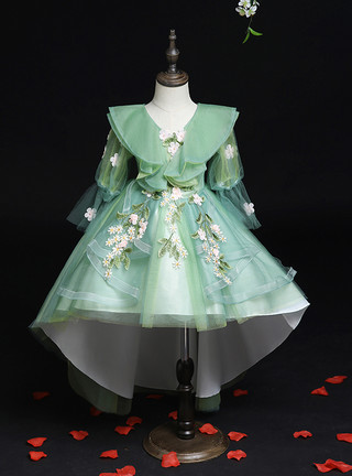 Tiered Tulle V-neck Long Flower Girl Ball Gown Mint Green