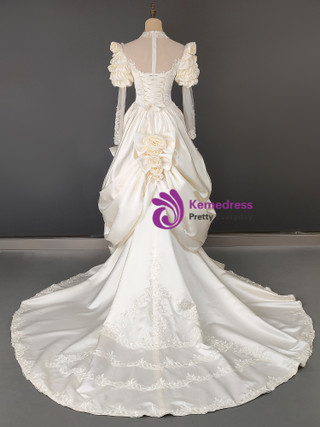Satin Gown with V-neck and Floral Lace Appliques Champagne main image 1