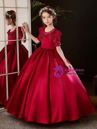 Cap Sleeves Acetate Satin Flower Girl Dresses Red