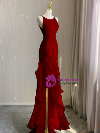 Dark Burgundy Mermaid Halter Sequin Without Sleeves Long Prom Dress, Evening Dress main image 1