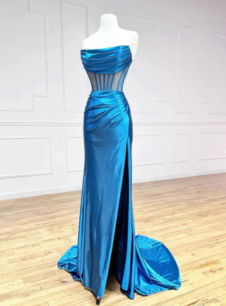 Satin Bow Waist Sparkly Lace Strapless Ruffle Tiered Prom Dress in Baby Blue main image 1