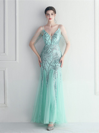 19246 Green Embroidered Sequins Tulle Overlay Dress