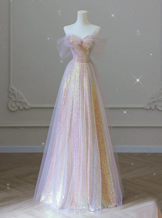 Pink Off-The-Shoulder A-Line Tulle Appliques Sequined Long Prom Dress,DP1258