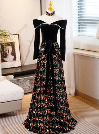 Off the Shoulder Appliques Grey Long Sleeves Prom Dress LBQ1889 main image 1