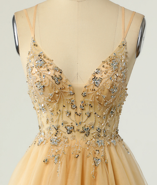 Long Tulle Dress with Beaded Straps Gold