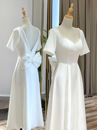 Vintage White Satin Short Sleeve Square Wedding Dress