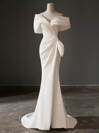Unique Bridal Gown Mermaid Off The Shoulder Satin Ivory Wedding Dresses Bridal Gowns DP698