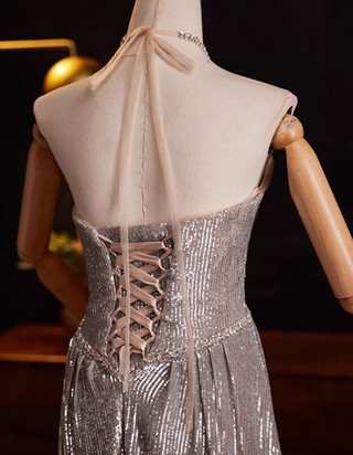 Silver Sequins Halter Beading Prom Dress With Feather Shawl main image 0