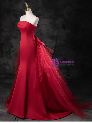 Mermaid Crew Sweep-length Tulle Burgundy Formal Dresses With Applique