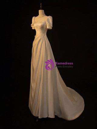 Vintage White Satin Short Sleeve Square Wedding Dress main image 1