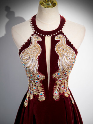 Burgundy Velvet Halter A-Line Holiday Dress With Slit main image 0
