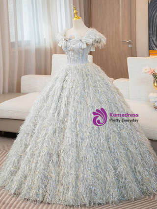 Bow Shoulder Bodice Mini Ball Gown Prom Dress - Silver main image 1