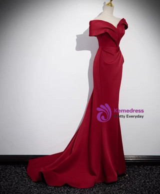 Sexy Mermaid One Shoulder Floor Length Burgundy Backless Evening Dress Prom Dresses