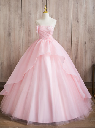 Charming Strapless Satin Tulle Beaded Pleated Layered Ball Gown Pink Quinceanera Dress SP1932 main image 1