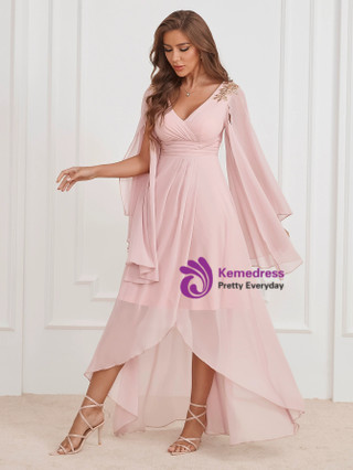 V-Neck Belted Long Chiffon Junior Bridesmaid Gown Pearl Pink