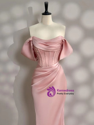 Off-the-shoulder Pleated Corset Mermaid Dress Blushing Pink main image 1