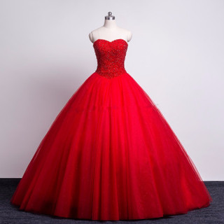 Red Prom Quinceanera Dresses Sweetheart Beaded Corset Tulle Ball Gown