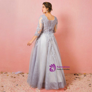 Plus Size Gray 3/4 Sleeve Tulle Appliques Prom Dress