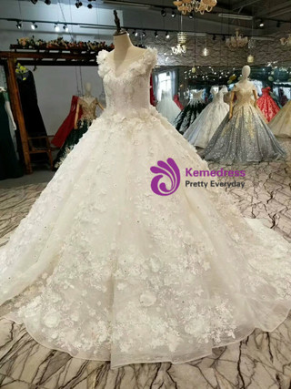 Long Ball Gown Beading Bateau Appliques Lace Wedding Dress with Sleeves