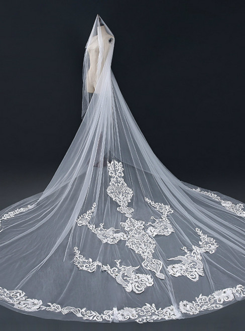 In Stock:Ship in 48 Hours Long White Tulle Appliques Wedding Veils