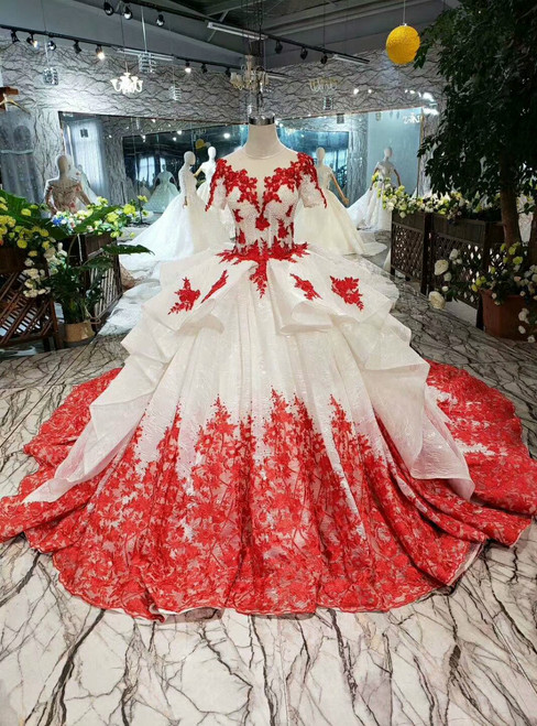 wedding dress with red flowers