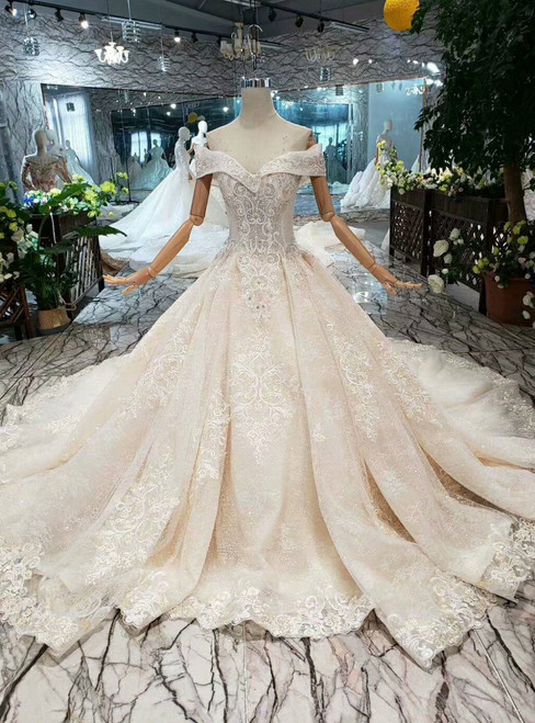 Champagne Ball Gown Off the Shoulder Appliques Beading Wedding Dress