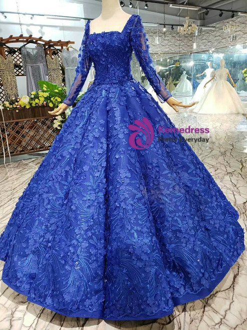 Royal Blue Ball Gown Square Long Sleeve Appliques Wedding Dress