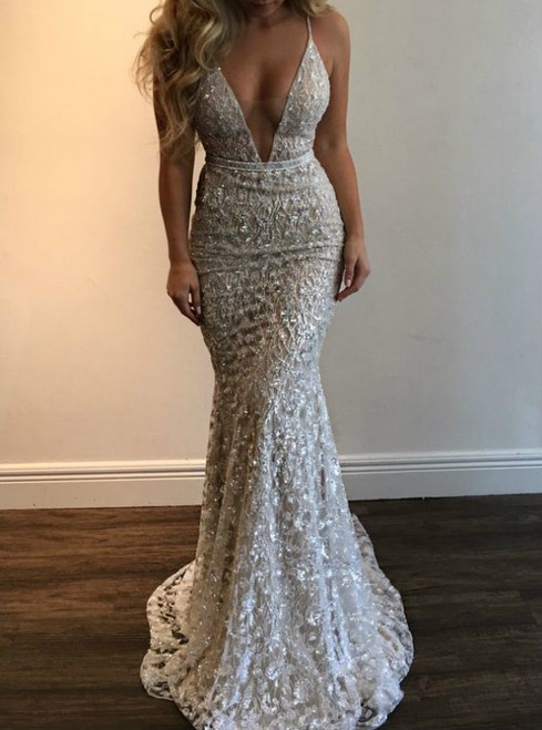 Sexy Mermaid V-Neck Sequins Sleeveless Long Wedding Dresses