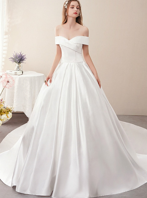 White Ball Gown Satin Off the Shoulder Pleats Wedding Dress With Train
