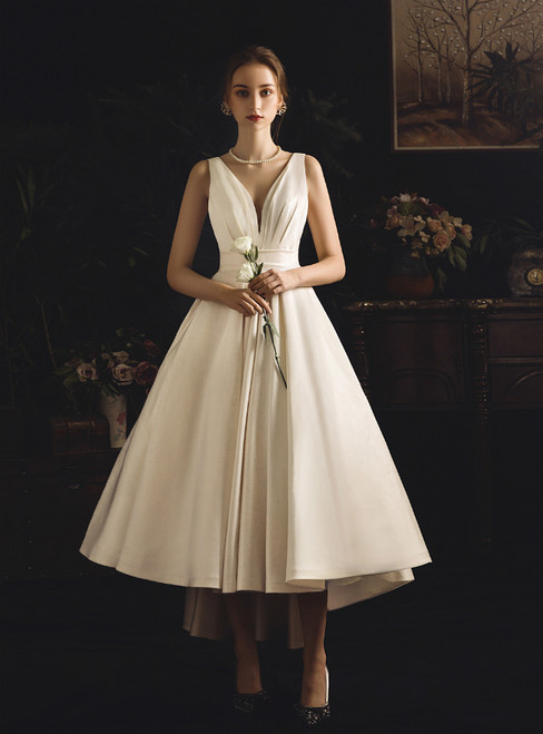 [Kemedress] Beige satin hi-lo short wedding dress front view, elegant V-neck bridal gown.