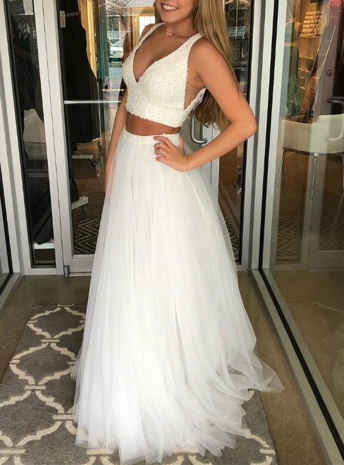 A-Line White Two Piece Tulle V-neck Beading Prom Dress