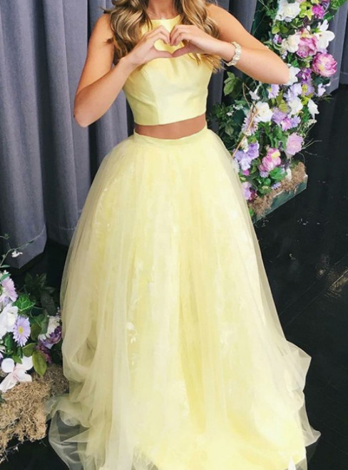 Yellow Ball Gown Two Piece Tulle Long Prom Dress Graduation Dresses