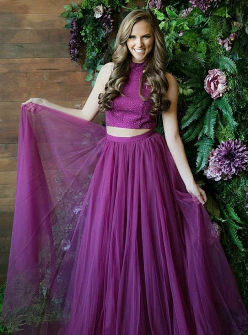 Purple Two Piece High Neck Grape Tulle Prom Dress With Beadings