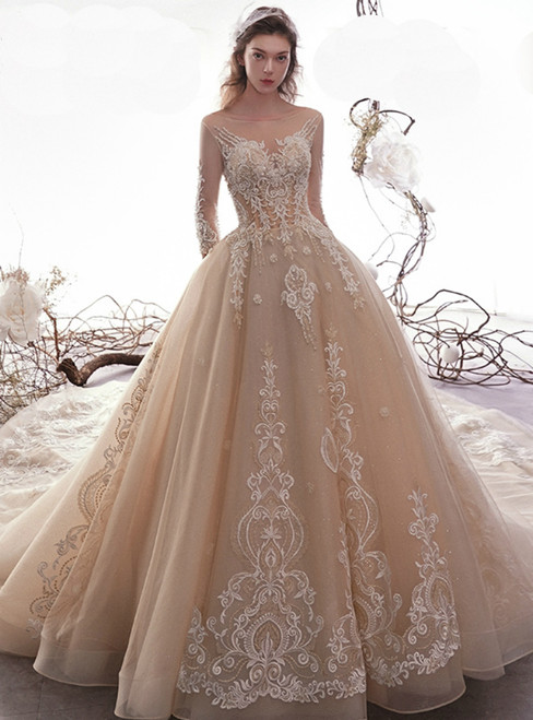 Champagne Ball Gown Bateau Appliques Long Sleeve Wedding Dress With Beading