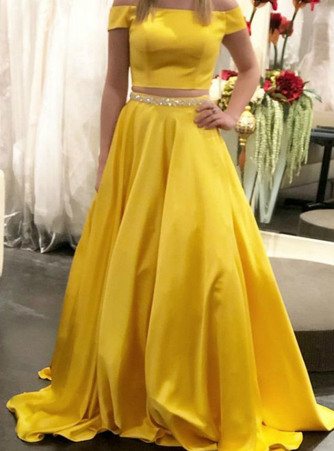 Yellow Two Piece Satin Off the Shoulder Prom Dress With Crystal