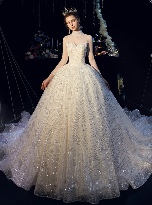 Champagne Tulle Sequins High Neck Long Sleeve With Beading Wedding Dress
