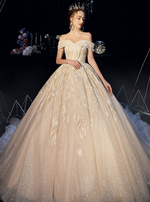 Champagne Tulle Sequins Off the Shoulder Appliques Wedding Dress