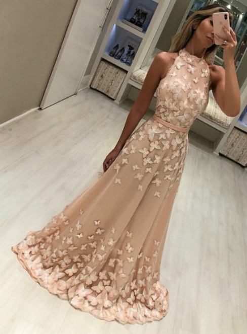 Champagne High Neck Sleeveless Sweep Train Prom Dresses with Butterfly Appliques