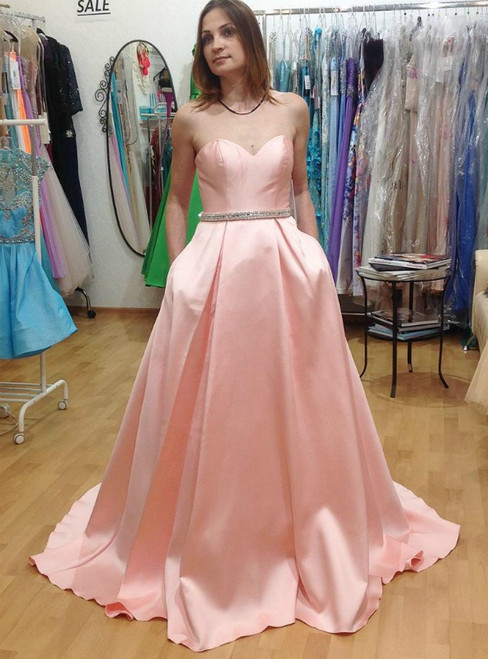 Pink Sweetheart Sweep Train Pleated Prom Dress with Pocket