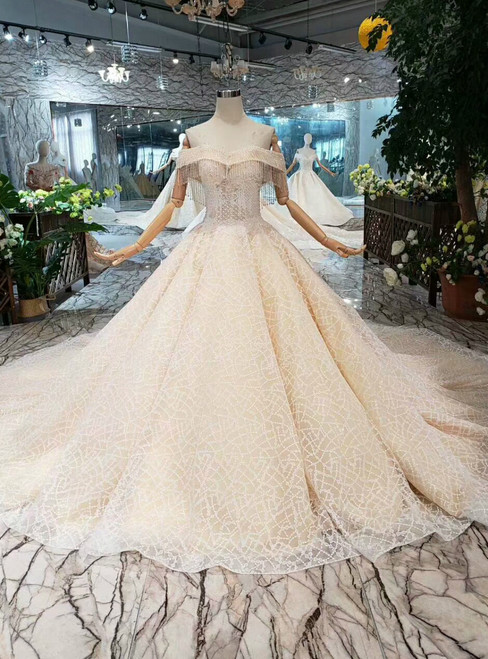 Champagne Tulle Sequins Off the Shoulder Wedding Dress With Beading With Train