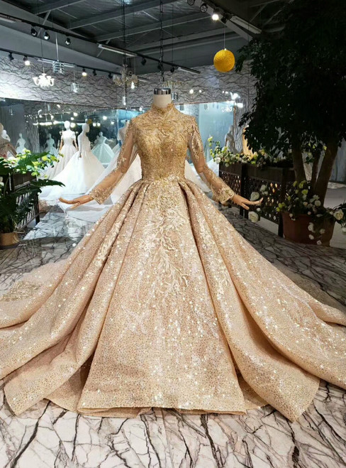 Champagne Gold Ball Gown Sequins Appliques High Neck Long Sleeve Wedding Dress