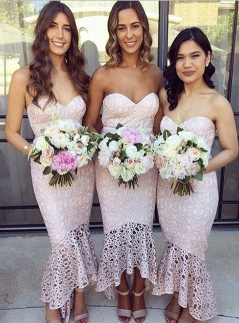 Pearl Pink Lace Mermaid Sweetheart High Low Bridesmaid Dress