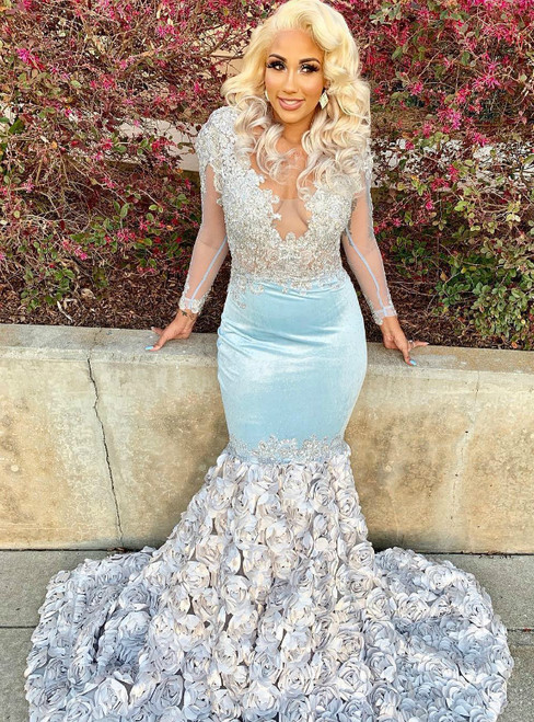 Blue Mermaid Silver Hand Flower Deep V-neck Long Sleeve Prom Dress