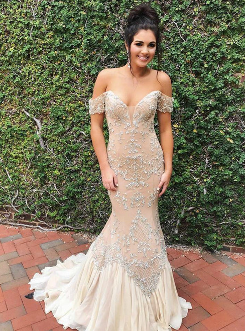 Champagne Mermaid Tulle Off-The-Shoulder Sweep Train Prom Dress With Beading