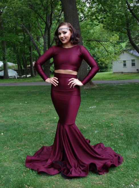 Burgundy Two Pieces Satin Prom Dress with Long Sleeves Top