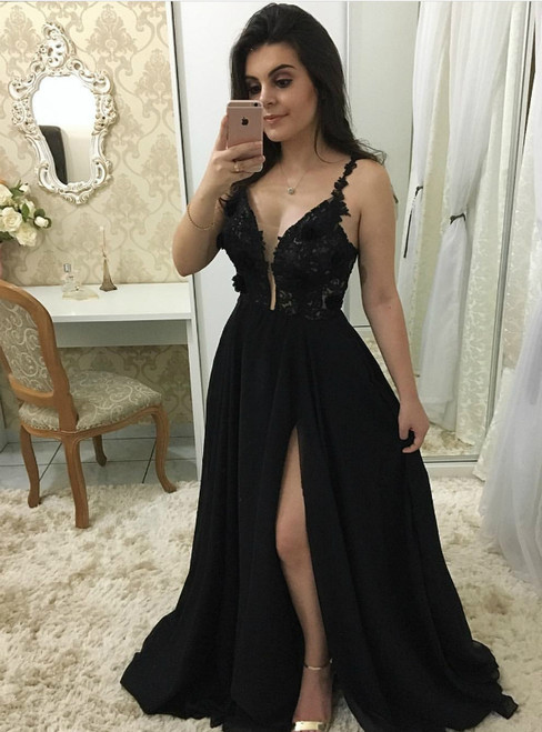 Sheer Plunging Neck Black Chiffon Prom Dress With Side Split