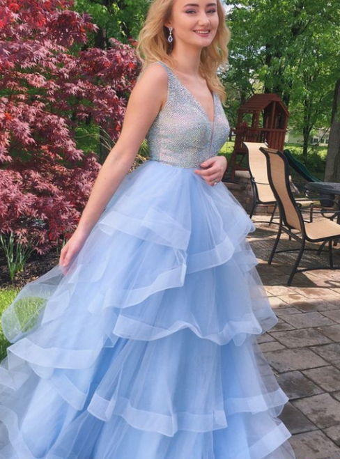A-line Sequins Light Sky Blue V-neck Backless Tulle Long Prom Dress